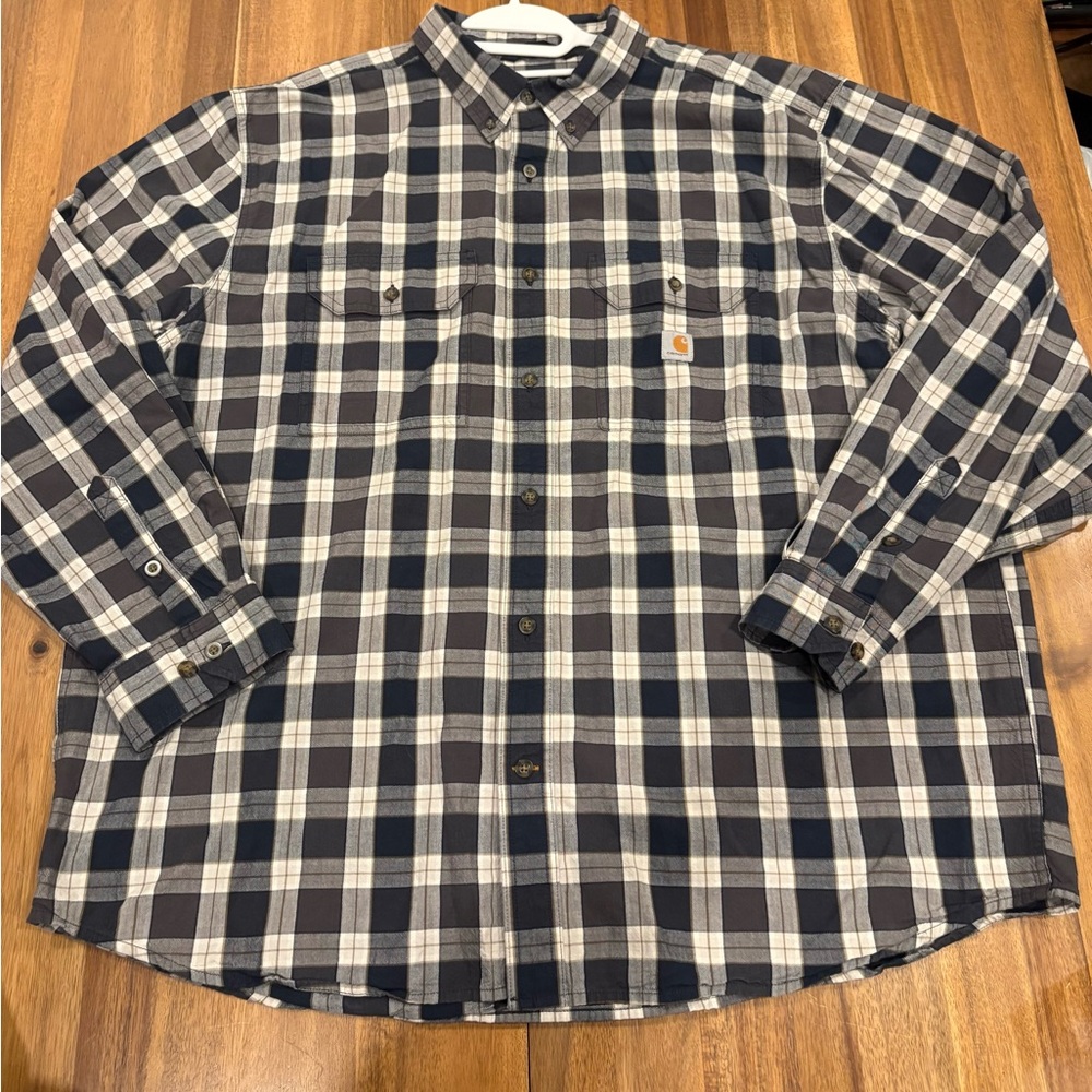 Carhartt Loose Fit Plaid Button Up Work Shirt Navy Gray White 2XL